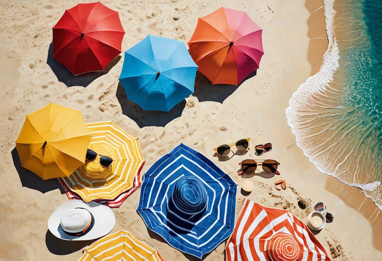 A stunning beach scene featuring a diverse group of stylish individuals lounging and walking along the shore, showcasing a mix of affordable and luxurious beach attire. Include vibrant sun umbrellas, beach towels, and accessories like hats and sunglasses, all under a bright blue sky. The sand should be golden, with gentle waves lapping at the shore. Capture a sense of fun and fashion in a way that invites the viewer to imagine themselves in the scene. super-realistic. vibrant colors. white background.